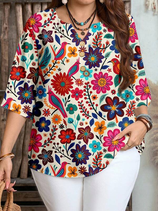 EMERY ROSE Blouse ample à col cranté avec imprimé floral vintage, manches 3/4, pour femmes grandes tailles, convient pour l'été