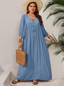 EMERY ROSE 大码女式撞色蕾丝流苏系带灯笼袖休闲连衣裙 - 淺藍色 - 查看 6