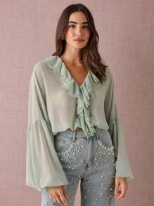 Enchnt Damen Einfarbige Bluse mit Kontrast-Spitzenrüschen und weiter Passform, Langarm - Grün - Übersicht 6