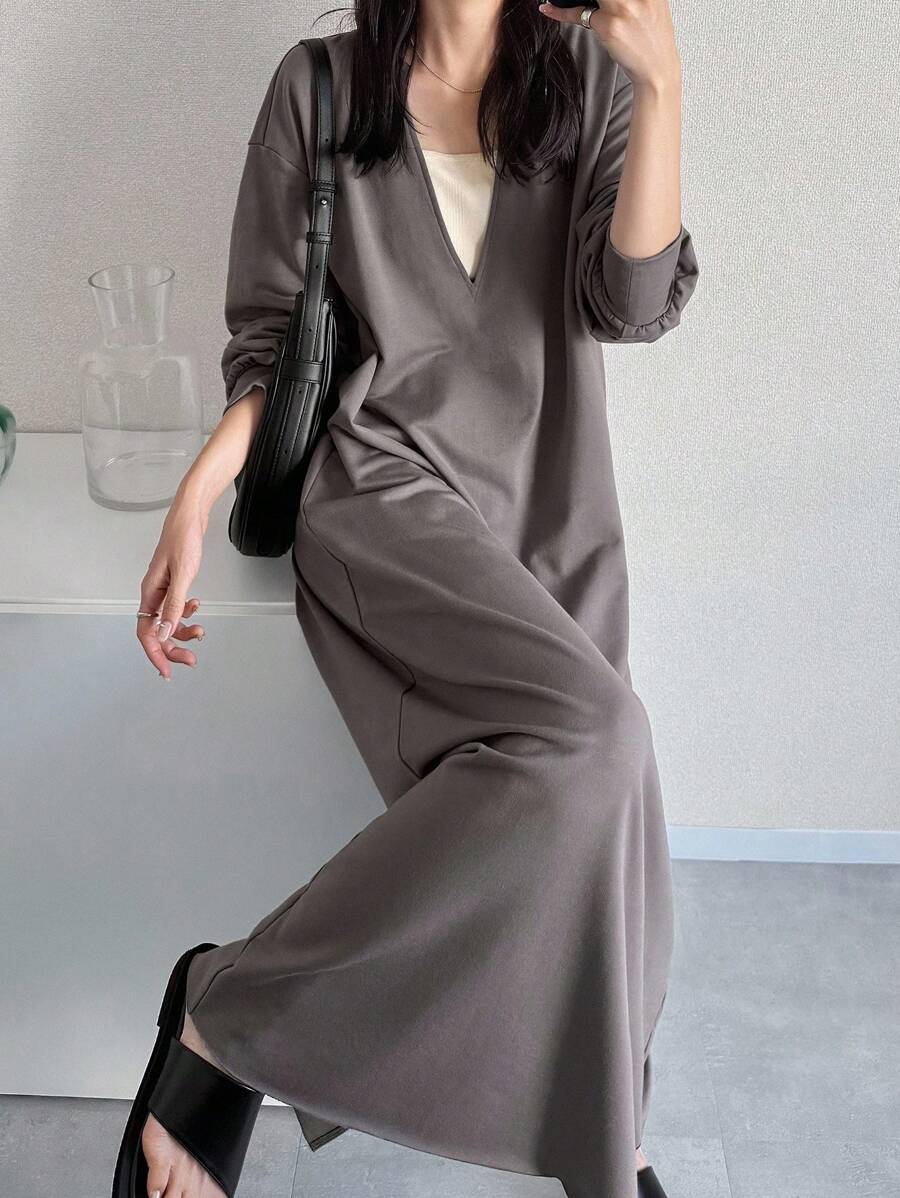 FRIFUL 女式宽松深 V 领落肩长袖开衩休闲长裙，灰色，秋季