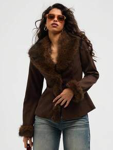 Aloruh Áo khoác thường chắp vá lông giả cổ điển thời trang dành cho nữ, mùa thu, lễ hội Rave chào đón năm học mới, buổi hòa nhạc đồng quê Ibiza Nashville, trang phục miền Tây dành cho nữ, phong cách Boho, đường phố, nhiệt đới, áo khoác dáng rộng màu nâu Gyaru - màu nâu - Xem 4