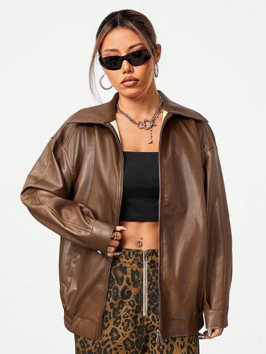 SHEIN EZwear 女士休闲皮夹克，带口袋，宽松版型，翻领，长袖，咖啡棕色，秋季必备 - 咖啡棕 - 查看 1