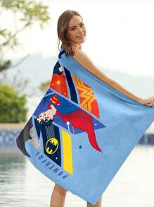 SUPERMAN X SHEIN Khăn choàng tắm biển họa tiết hoạt hình - Khăn du lịch siêu mềm, thấm hút tốt, không xơ vải, nhẹ, tiện lợi khi đi hồ bơi, bãi biển, spa - Thiết kế siêu anh hùng không thể thiếu cho những chuyến phiêu lưu ngoài trời - Màu xanh lam - Xem 3
