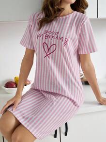 SHEIN Women Striped With Round Neck Cute Lettered&Heart Print Short Sleeved Pajama Night Dress Women Sleepwear Dress Night Dress Sleepwear Women Pajama Dress Short Nightgown Womens Nightdress