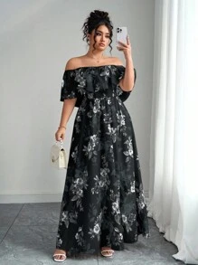 SHEIN Clasi 2025 夏季新款大码女装时尚花卉印花露肩荷叶边露肩收腰修身长裙，适合度假、约会、日常通勤、郊游和旅行 - 黑與白 - 查看 8