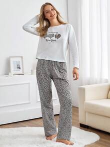 EURMUSE Bawełniana koszula z długim rękawem i nadrukiem w serca oraz spodnie w panterkę, Homewear Comfort Pajama Set - Wielokolorowe - Zobacz 3