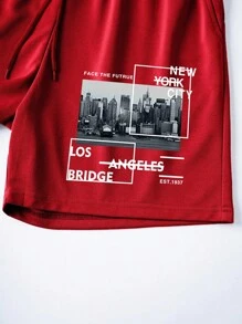 Claim Dot 男士纽约洛杉矶城市印花休闲T恤和短裤套装，时尚简约T恤套装