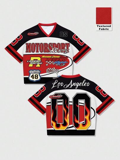 Prep T-shirt décontracté à manches courtes col en V avec imprimé lettres, coupe ample pour hommes