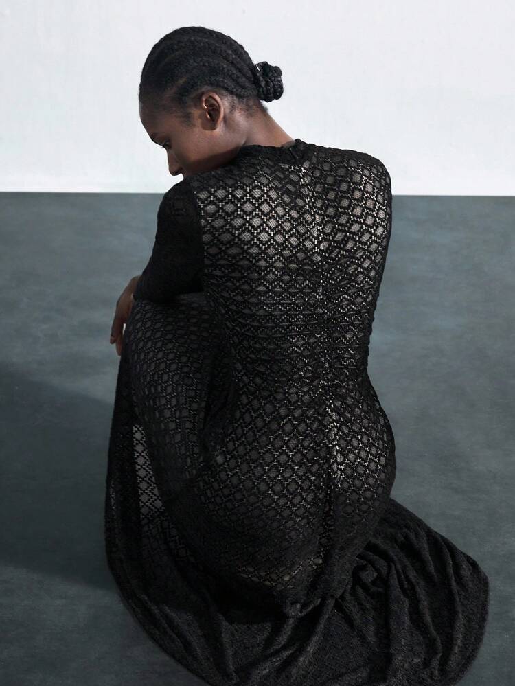 SHEIN Maija Black Textured Semi-Sheer Lace High Neck Long Sleeve Gathered Back Dress, Elegant Fitted Waist Black See Through Dress Black Lace Dress Hollow Out Dress Black Maxi Dress Black Coverup,Fall Women Clothes,Halloween,Elegant Dresses For Women,Fall Clothes For Women Saudi National Day