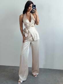 Firerie Ensemble femme pantalon large et Top dos nu à rayures pailletées. Tenue d'automne, retour à l'école, cérémonie, style décontracté chic, style old money, tenue de bureau, sortie, concert country, coquette, tenue de bureau, hors épaules, carreaux, .