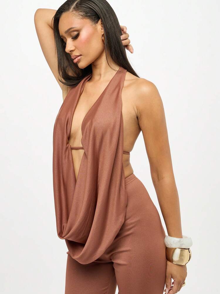 SUMWON WOMEN Women Slinky Cowl Neck Co-Ord Set Asymmetric Halter High Rise Capri Length Party Evening Summer Two Pieces Outfit