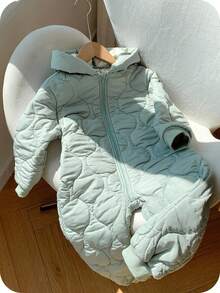 SHEIN Zielony, teksturowany, termiczny, podszyty, swobodny, w stylu vintage, chłopięcy kombinezon typu "wszystko w jednym", z kapturem i długim rękawem, odpowiedni do zabawy na śniegu, na jesień/zimę