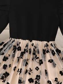 Tween Girl Casual Elegant Round Neck Puff Lantern Long Sleeve Floral Patchwork Mesh Ruffle Hem Dress, Suitable For Halloween, Christmas, Day Of The Dead, Black Fall Winter - Black - View 4