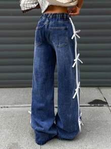 Teen Girl Contrast Striped Bow Decor Wide Leg Jeans - Dark Wash - View 2