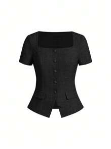 Ellevyn Plus Size Elegant Commuter Solid Color Front Button Shirt