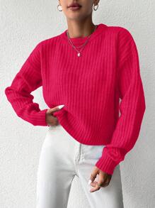 EURMUSE Maglione monocolore spalle cadenti in maglia a coste - Rosa - Visualizzare 4