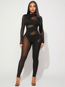 Radiana Plus Size Women's Spring & Summer Elegant Sexy Daily Basic Commuter Mesh Patchwork See-Through Hollow-Out Unitard Jumpsuit,Suitable For High Street Style,Urban,Sexy Office Siren Coquettish,Cruise Attire,Commuting,Business,Retro,Vintage,Party,Resort,Outing,Old Money,Richly Layered,Date Night,Gathering,Minimalism,Birthday,Formal Event,Gyaru,Ibiza,Nashville,Break,Modest,Chic,Casul,Shopping, Streetwear,Going Out, ,Accent Your Body,Flatter The Figure,Fall Clothes For Women - Black - View 5