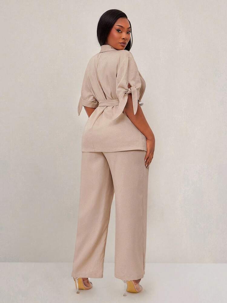 SHEIN SXY 大码女式春夏优雅宽松休闲西装外套，配免费腰带和配套直筒裤，配有松紧腰带，适合办公室 - 卡其色 - 查看 2