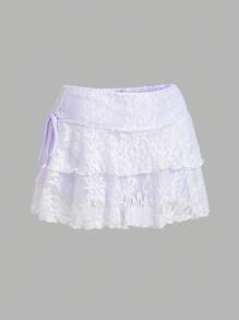 SHEIN MOD 女士休闲低腰抽绳蝴蝶结蕾丝面料双层蛋糕裙，适合日常穿着 - 白色 - 查看 5