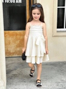 SHEIN 年轻女孩编织纹理荷叶边蝴蝶结分层蛋糕裙腰带优雅连衣裙，白色连衣裙，法式仙女风格，公主裙，适合生日派对，毕业舞会，派对 - 米色 - 查看 15