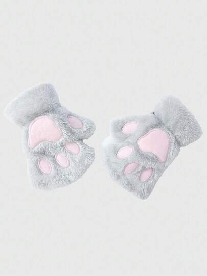 Kawaii 1 par de guantes sin dedos con diseño de pata de gato de peluche, aptos para uso diario