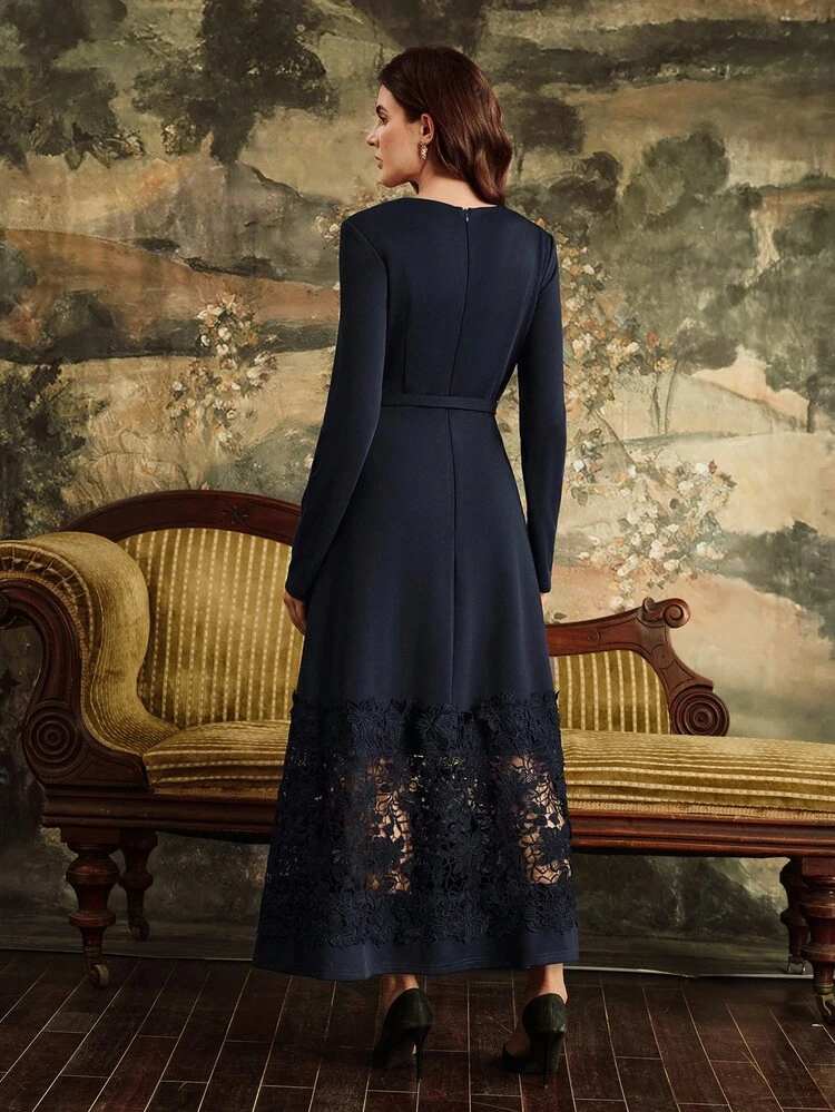 Women's Navy Blue Long Sleeve Contrast Lace Midi Dress, Autumn/Fall, Elegant, Formal, Party, Chic, Suitable For New Year, Christmas, Work, Graduation, Wedding