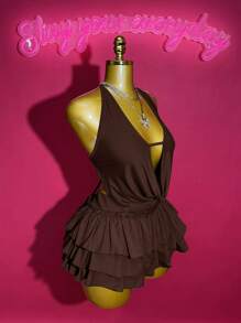 Slaydiva 2025 Spring/Summer New Sexy Street Style Solid Color Halter Tie-Up Deep V Neck Sleeveless Crop Top + Layered Ruffle Bow Decor Mini Skirt 2-Piece Set, Suitable For Music Festivals, Easter, Graduation, Daily Wear - Brown - View 7