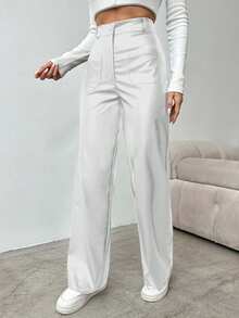 EURMUSE Women's Solid Color High Waist Straight Leg Pants, Suitable For Commuting - White - View 3