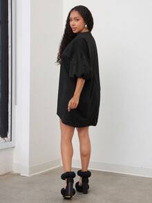 Vixey 净色针织泡泡袖后背拉链衬衫裙 - 黑色 - 查看 2