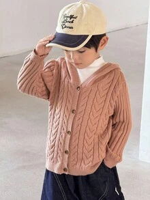 SHEIN Young Boys' Casual Zip-Up Hooded Cardigan With Twist Floral Design Kids Cardigan Boys Knit Cardigan Kids Knitwear Toddler Boy Hooded Cardigan Cable Knit Cardigan Kids,In Fall/Winter - Khaki - View 6