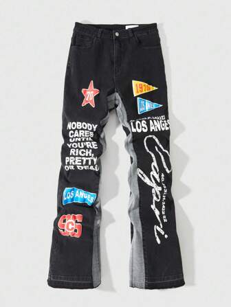 Street Life Jeans en denim délavé décontracté pour hommes avec impression de slogan, blocs de couleurs et patchwork