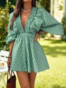 KARISMINA 女士编织格子 V 领泡泡袖连体裤