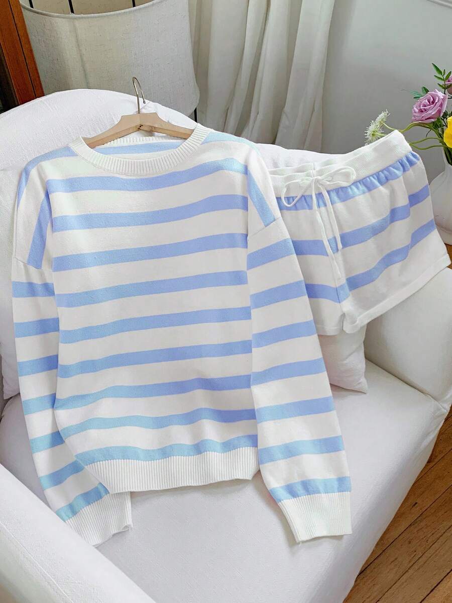 Comfortcana Women's Autumn New Striped Knit Two Pieces Set Blue And White Striped Set Comfy Set,Fall - Blue and White - View 1