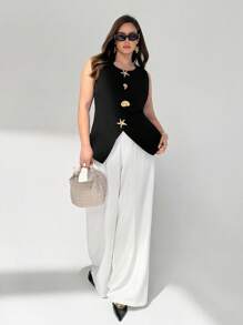 Auralis 大码女式圆领短袖简约通勤办公上衣，金属饰边，适合办公室穿着，也可作为办公配饰、教师上衣、可爱上衣、外出上衣、商务休闲女装、办公室/教师商务休闲春夏款。 - 黑色 - 查看 6