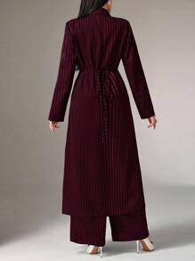 Heiryn Bộ 2 áo khoác dài và quần sọc thường ngày cho nữ, dành cho mùa thu Bộ 2 món - Màu Đỏ Sâu - Xem 4