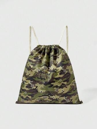 Grunge Punk Zaino con coulisse di grande capacità con stampa vintage mimetica, pentagramma e numeri, zainetto casual alla moda unisex, borsa da palestra, adatto per scuola, vacanza, festa, shopping