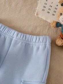 SHEIN 2 件套男婴幼儿新生儿 0-3 岁休闲日常穿着圆领长袖羊毛运动衫和运动裤套装，秋冬 - 藍色 - 查看 3