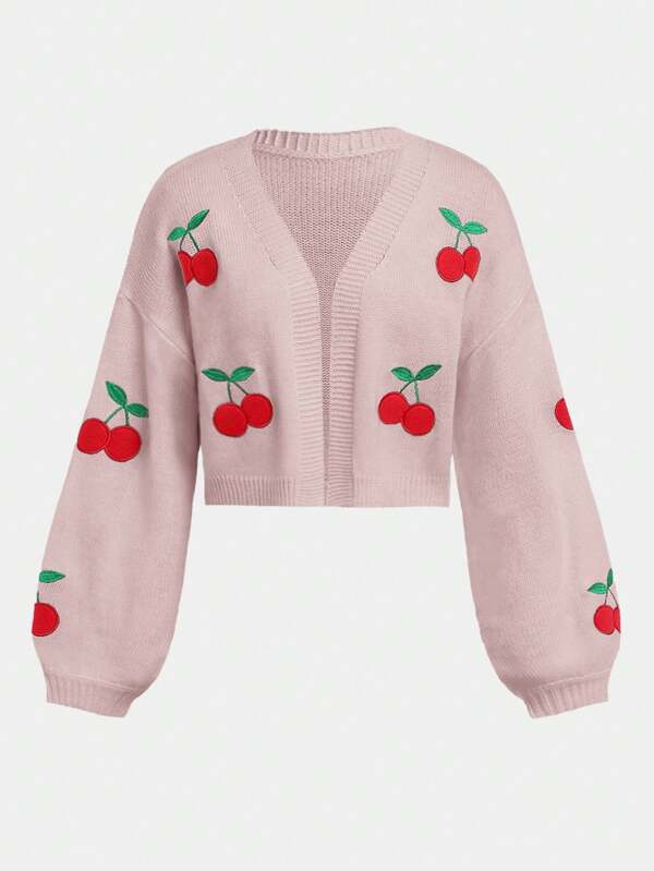 SHEIN Girlism Teen Girls Cute Cherry Fruit Pattern Embroidered Versatile Knit Cardigan Sweater Jacket, Pink & Red,In Fall/Winter