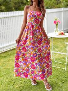 KARISMINA Vestido De Tirantes Con Estampado Floral Y Ajustado A La Cintura Para Mujeres - Rosa Fucsia - Ver 1