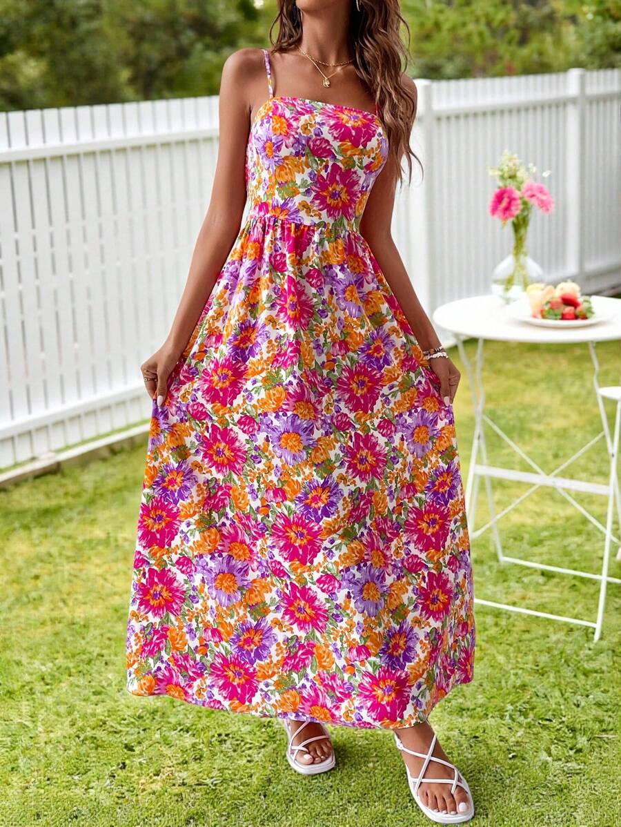 KARISMINA Vestido De Tirantes Con Estampado Floral Y Ajustado A La Cintura Para Mujeres - Rosa Fucsia - Ver 1