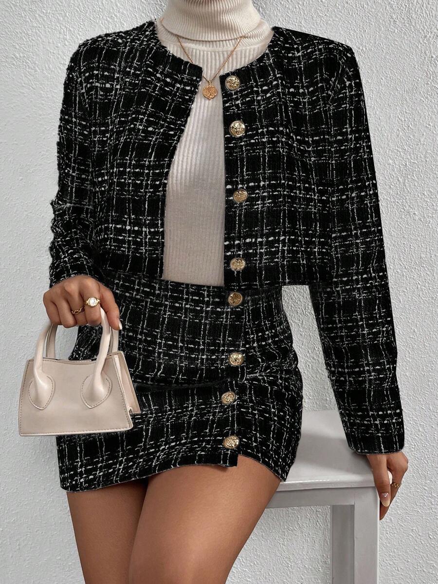 SHEIN Clasi Plaid Button Front Crop Jacket & Skirt Fall Cloth For Women - Black - View 1
