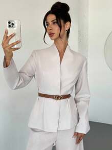 Firerie Women's Elegant Linen Solid Color Stand Collar Long Sleeve Cinched Waist Linen Blazer, Versatile For Autumn, Fall, Old Money Style, Office - Apricot - View 10