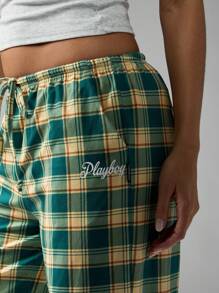 Missguided x Playboy Christmas Green Plaid Wide Leg Pants With Bunny Graphics - Multicolor - View 5