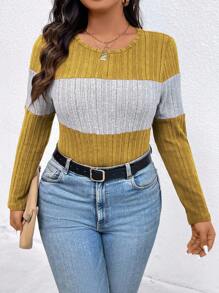 EMERY ROSE Plus Size Contrast Color Round Neck Ribbed Long Sleeve Casual T-Shirt Graphic Tees Women Tops For Spring Fall - Multicolor - View 4