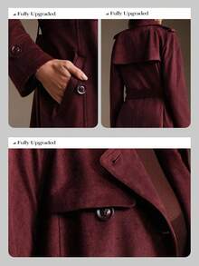 Anewsta Áo khoác dạ nữ cổ điển tối giản màu đỏ tía, cài hai hàng khuy, thắt eo, chất liệu da lộn, thời trang thu/đông - Màu đỏ tím - Xem 8