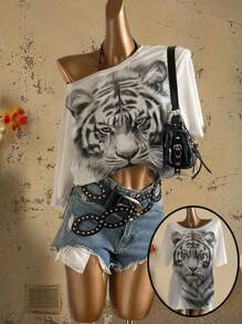 Attitoon 休闲复古街头风格老虎素描肖像图案超大不对称领口短袖T恤女款，适合夏季、音乐节、Y2K