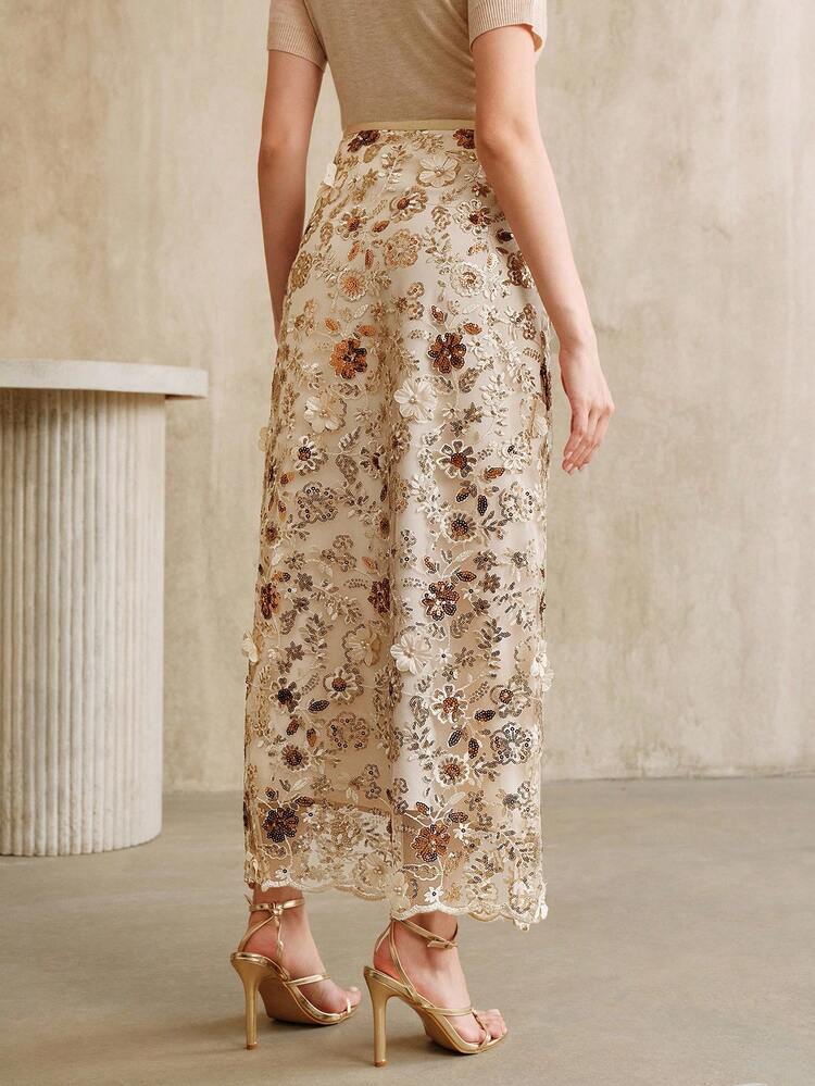 Champagne Elegant Floral Mesh Sequin Skirt, Women's Resort Wear, Fashionable Date Night, Spring/Summer