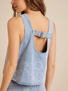 WESTFADE 圆领西部刺绣 A 字形后背带扣镂空无袖棉混纺牛仔摆上衣 - 中等水洗藍 - 查看 1