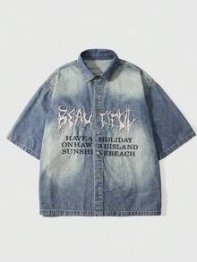 ROMWE MEN Street Life Men's Casual Retro Slogan Embroidered Denim Jacket - Bronze - View 1