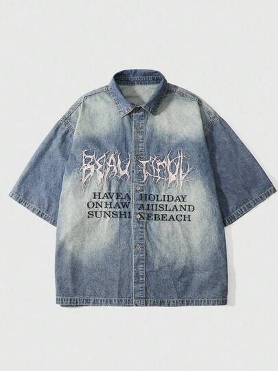 Street Life جاكيت جينز كاجوال رجالي بشعار مطرز بطريقة رجعية